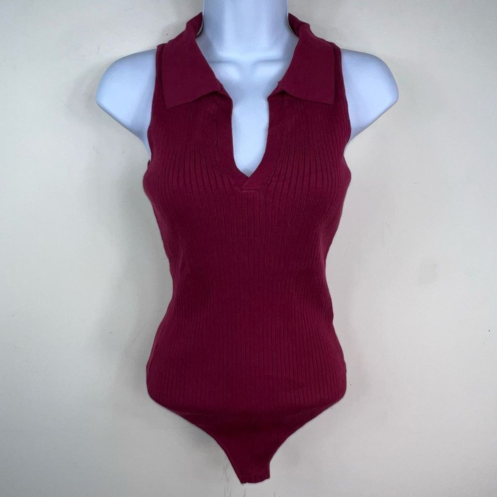 Le Lis Burgundy Sleeveless Ribbed Polo Bodysuit